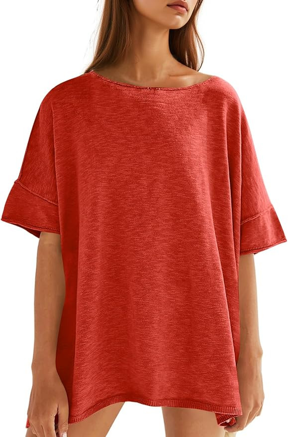 Tankaneo Women's Oversized T Shirts Casual Summer Crew Neck Loose Dropped Short Sleeve Side Slit ... | Amazon (US)