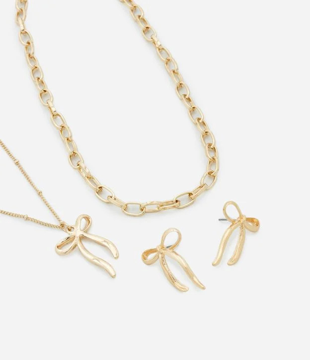 Conjunto de Colar e Brinco Metal Liso brinco laço e colar camadas 1 corrente elos e 1 de bolinha... | Renner (BR)
