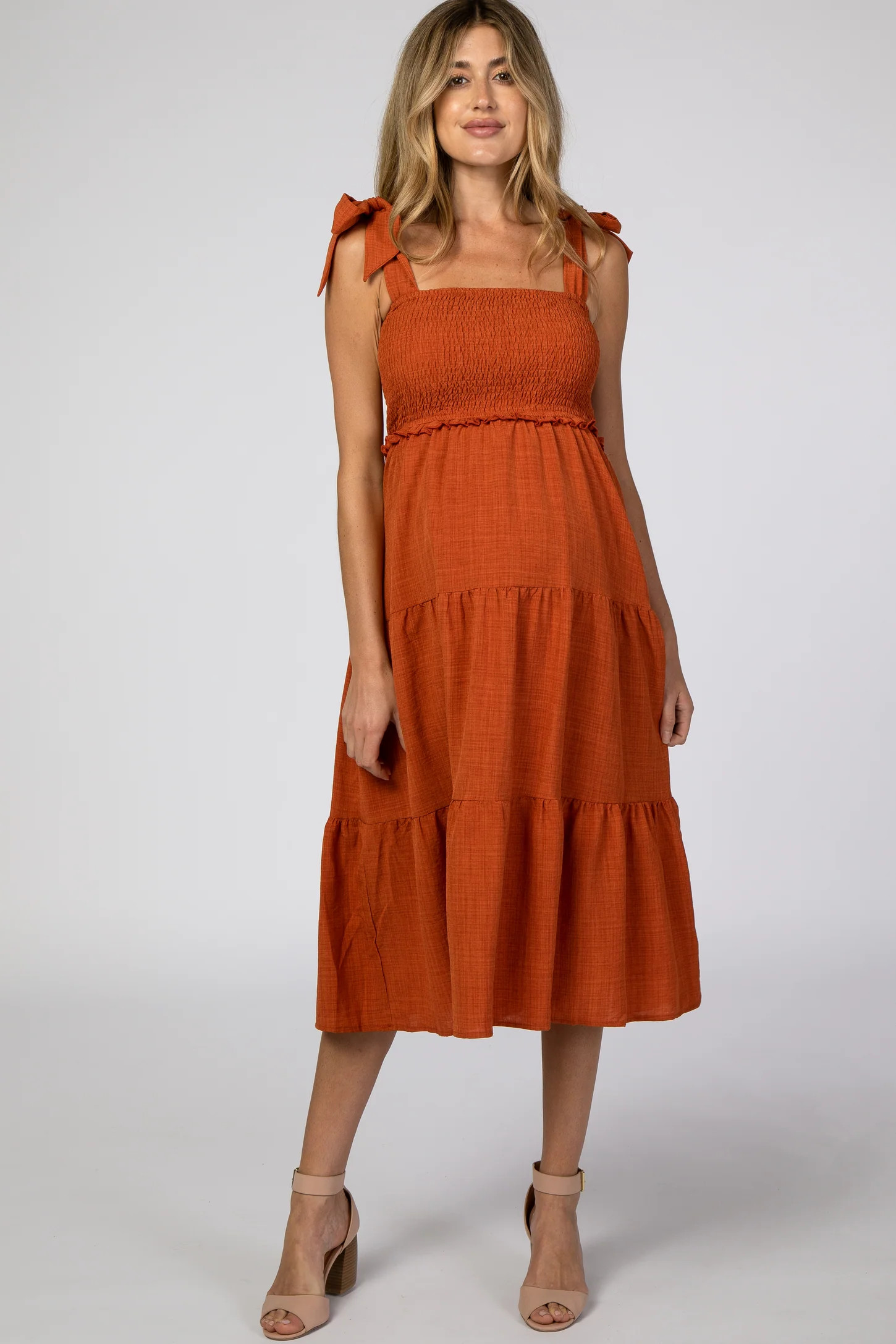 Rust Bow Strap Tiered Maternity Midi Dress | PinkBlush Maternity