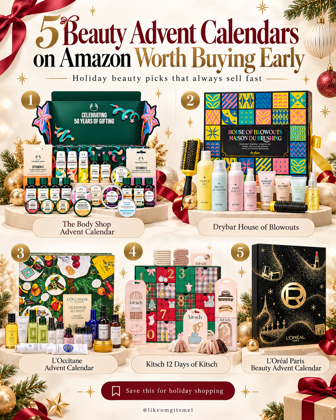 PSA: do NOT wait until December to buy the beauty advent calendars you actually want. 🎁👀 

The good ones always seem to disappear first, and these Amazon finds are basically 12+ little gifts wrapped into one.

🎄 The Body Shop — skincare + body care treats  
💇‍♀️ Drybar House of Blowouts — haircare + styling favorites  
✨ L’Occitane — luxe bath + body minis  
🎀 Kitsch 12 Days of Kitsch — hair accessories + essentials  
💄 L’Oréal Paris — beauty surprises for the makeup lover  

These are the holiday gifts I’d grab early and hide until December. 😂🎄

📌 Save this for holiday beauty gifts + Amazon Christmas finds!

Everything is Linked! ↓ 

 #LTKSaleAlert #LTKBeauty #LTKTravel