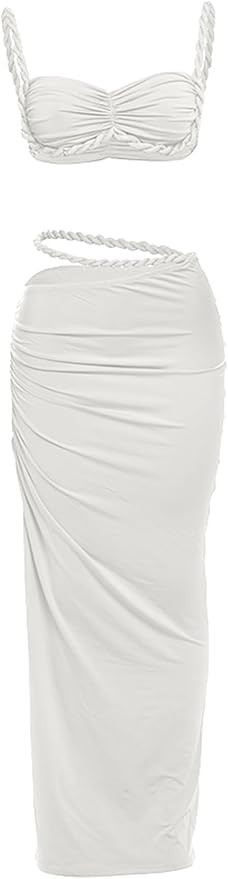 Women's Two Piece Skirt Sets Summer Beach Sexy Ruched Backless Cami Top And Cut Out Skirt Night O... | Amazon (US)