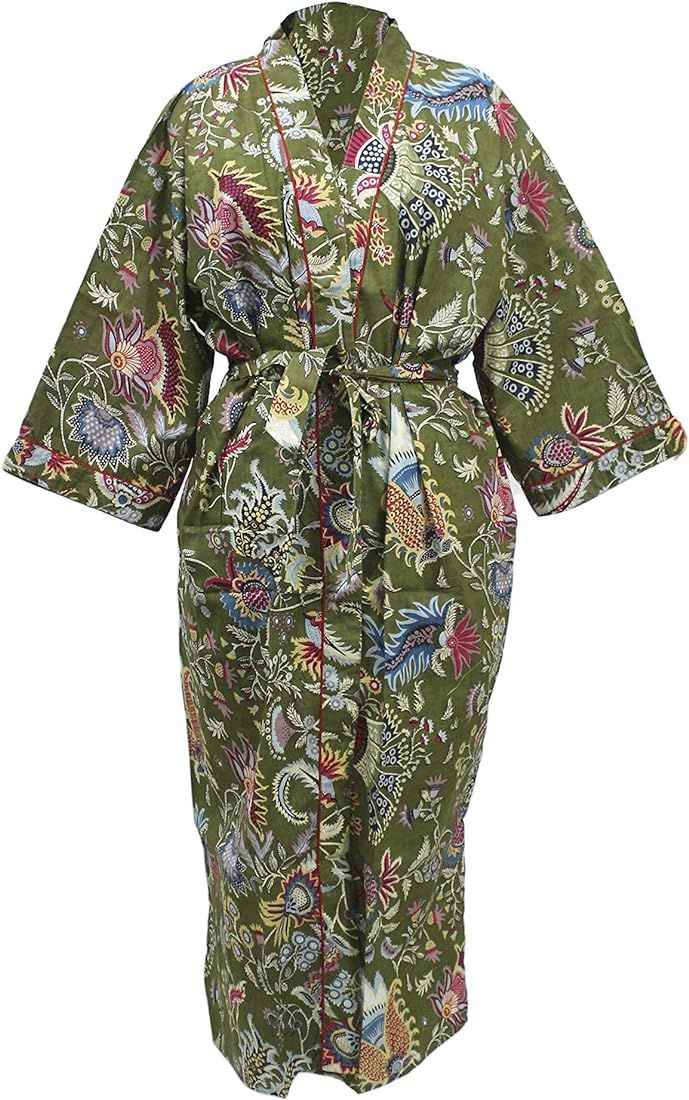 CRAFT KALA Women's Kimono Robe Long Robes with Peacock and Blossoms Printed Kimono Nightgown | Amazon (US)