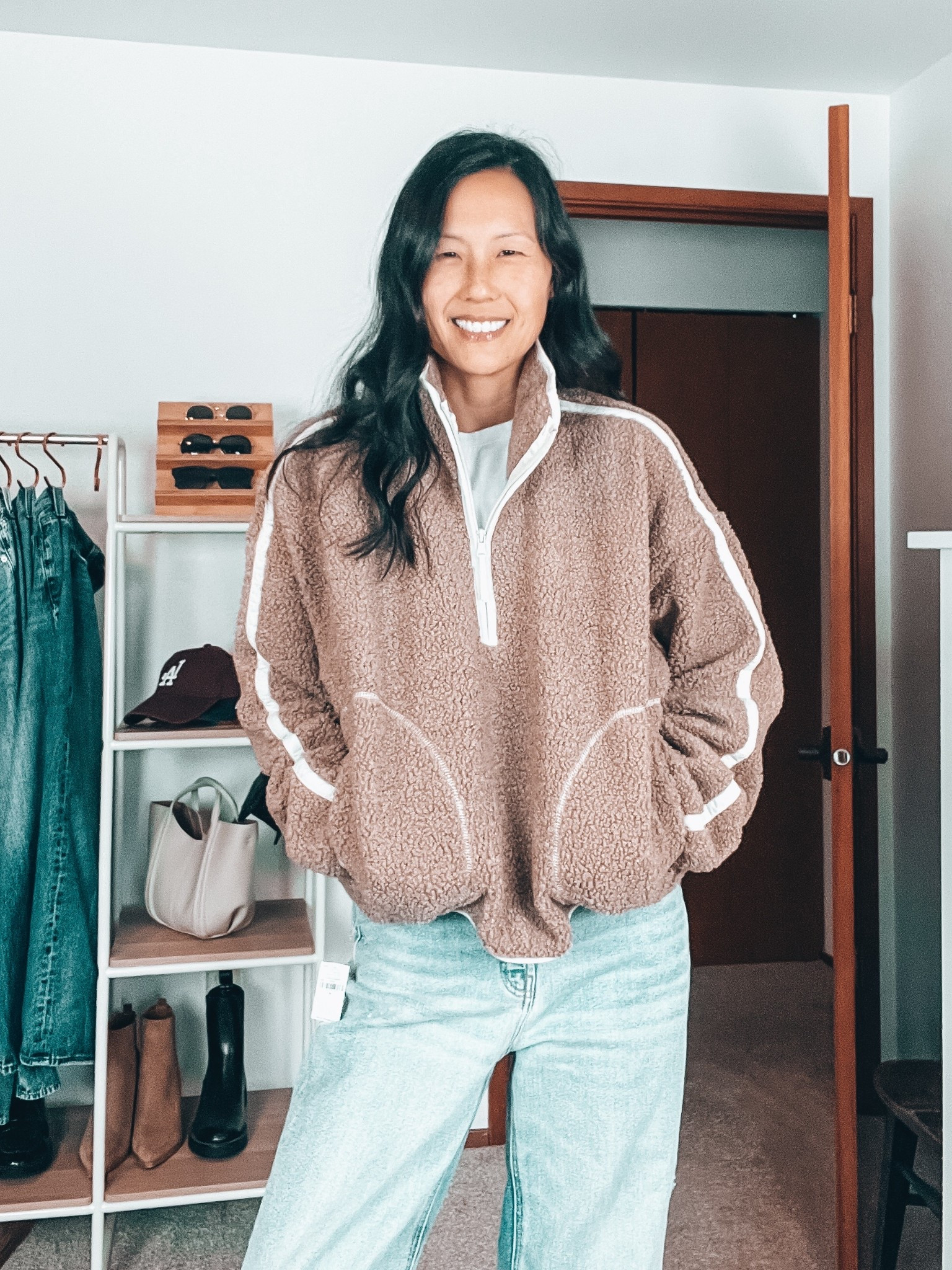 Quarter zip sherpa sweatshirt, wearing medium
High rise wide leg jeans, tts, I’m in between tall and regular but I just get regular 
