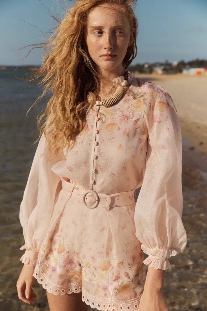 Lillian Handpainted Floral Embroidery Sheer Ombr\u00e9 Print Blouse and Sho | Fabrique