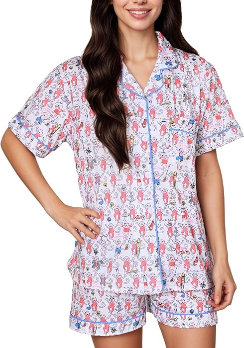 Women's Pajamas Set Button Down Ladies Summer Pajamas Monkey Printed Sleepwear Short Sleeve 2 Pc ... | Amazon (US)