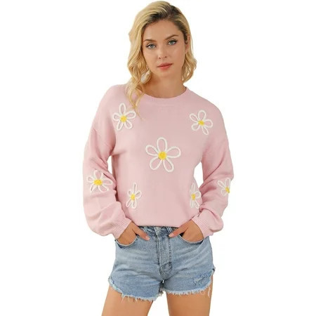 Women s Pink Chenille Daisy Stitching Crew Neck Sweater - [ZhiHiMeRi] | (US 12-14)L Pink | Walmart (US)