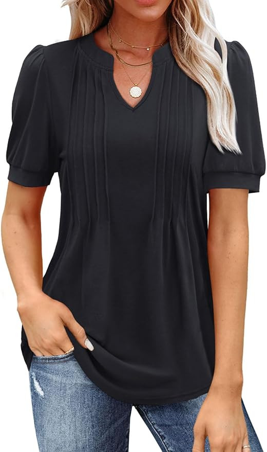 MIHOLL Women's 2024 V Neck Puff Long Sleeve T Shirts Pleated Casual Loose Tunic Blouse | Amazon (US)