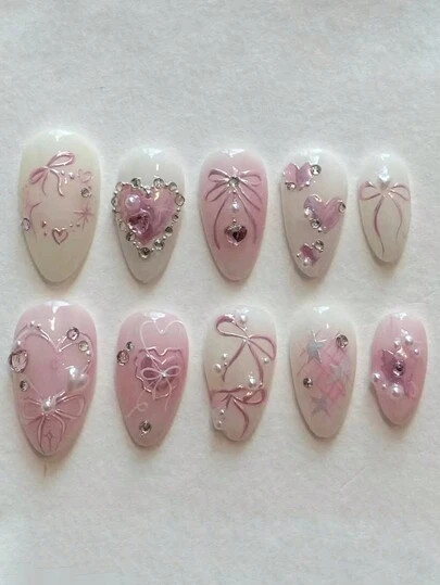 24pcs Adorable Self-Adhesive Fake Nails With Cute Bow Design, Removable Nail Art Stickers SKU: sb... | SHEIN