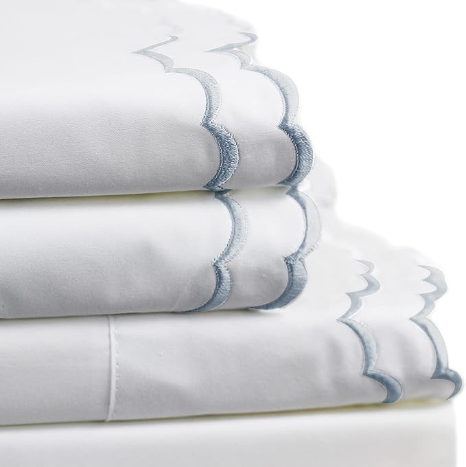 Mélange Home Double Scalloped Percale Weave Embroidered Queen Size White Sheet Set 300 Thread Co... | Amazon (US)