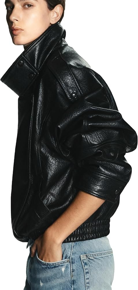 Womens Faux Leather Jackets High Collar Zip-Up Oversized Motorcycle Coat Plus Size Fall Casual St... | Amazon (US)