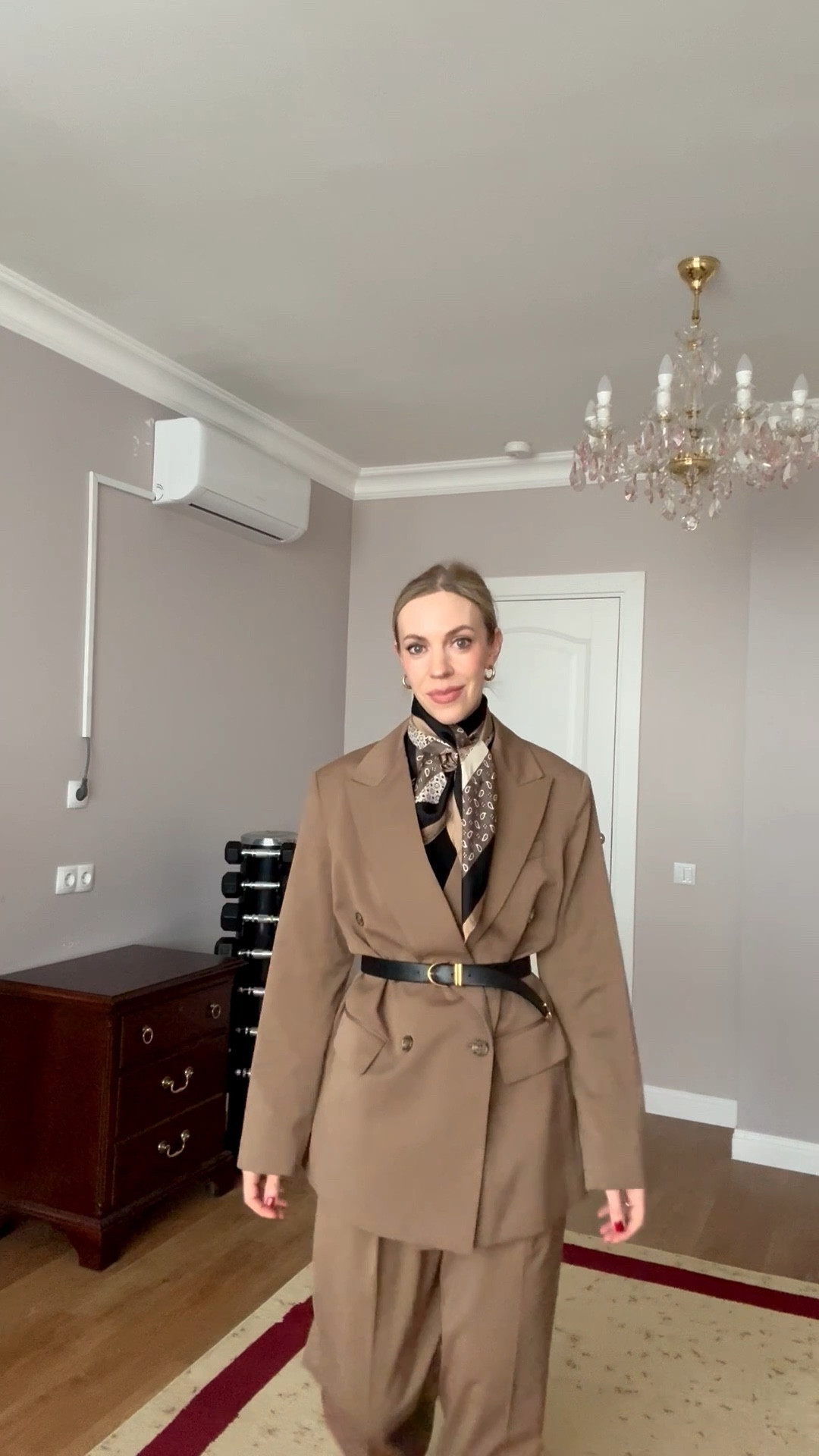 Brown matching suit set, office look, workwear, Max Mara silk scarf, Khaite belt, oversized brown blazer outfit 

#LTKootd #LTKOver40 #LTKWorkwear