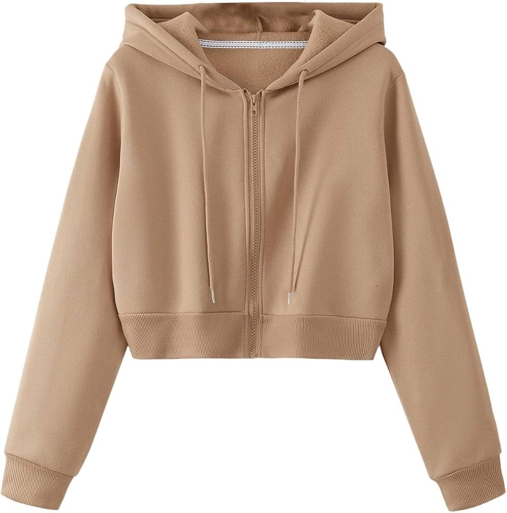 SweatyRocks Women's Long Sleeve Drawstring Full Zip Hooded Jacket Crop Sweatshirt | Amazon (US)