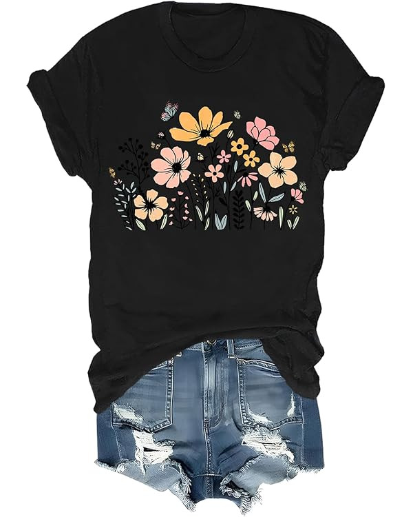 Womens Graphic Tee Vintage Boho Wildflower Floral Printed Casual Fall Outfits for Women 2025 Flor... | Amazon (US)