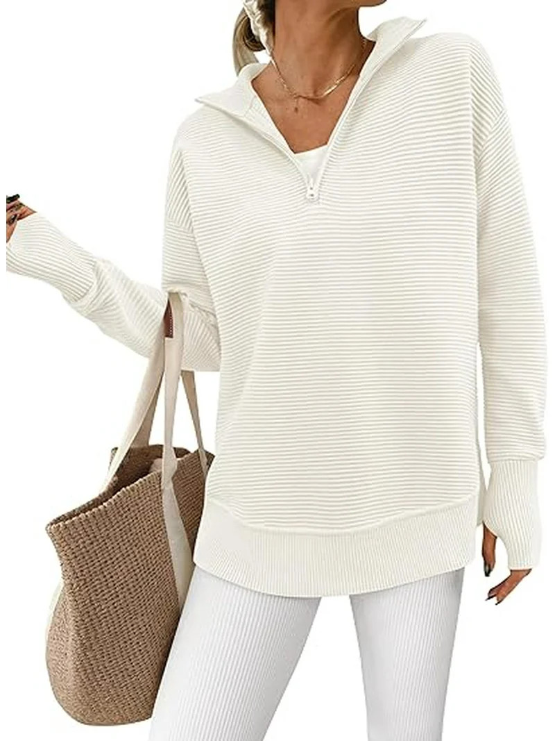 PRETTYGARDEN Womens Long Sleeve Quarter Zip Pullover Sweater Casual Loose V Neck Collared Ribbed ... | Walmart (US)