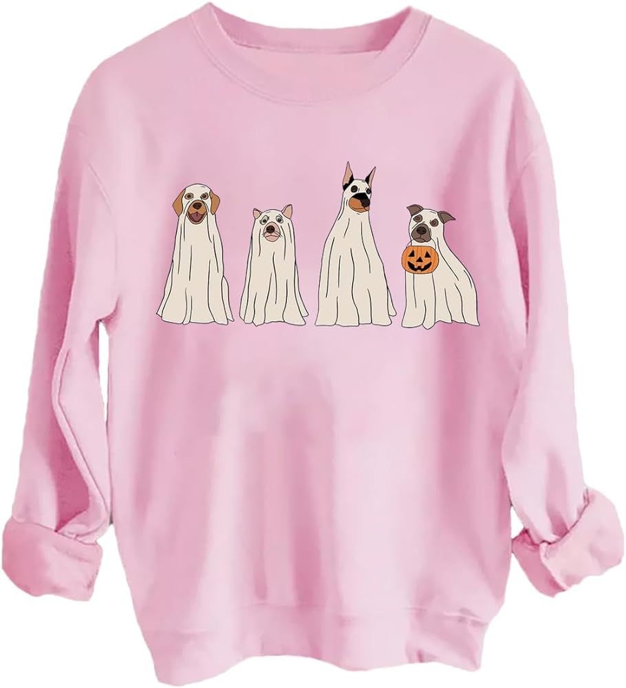Halloween Ghost Dog Sweatshirt Women Dog Lover Tshirt Gift Casual Long Sleeve Pullover Tops Fall ... | Amazon (US)