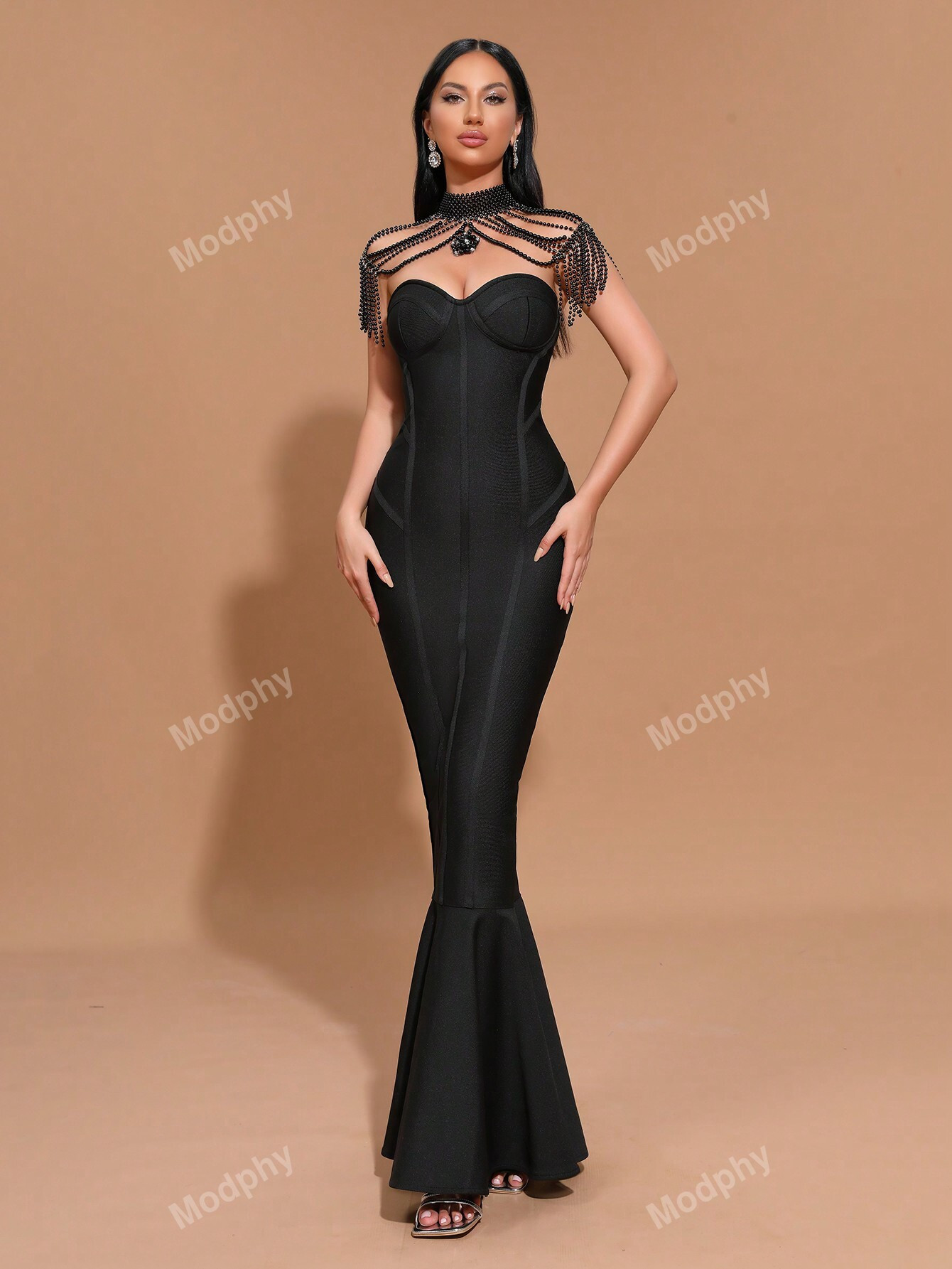 Modphy 2024 New Arrival Women Black Pearl Necklace Sexy Strapless Bandage Maxi Party Dress, Forma... | SHEIN
