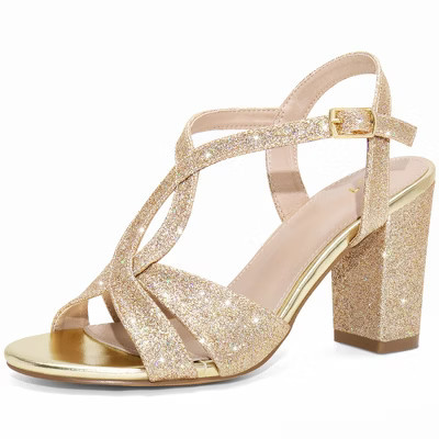 BLISSFUL STEP Women's Glitter Chunky Heel Open Toe Heeled Sandals Gold 8 | Target