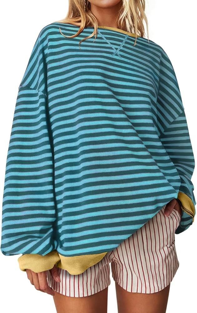 UEU Women Oversized Striped Crewneck Sweatshirt Long Sleeve Color Block Pullover Tops Casual Loos... | Amazon (US)
