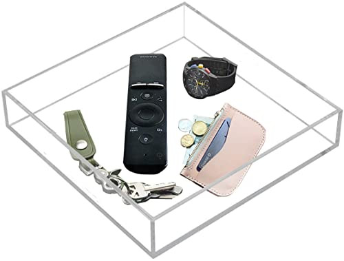 Waterproof Acrylic Vanity Tray, Remote Control Sturdy Valet Tray Organizer, Lucite Nightstand Dresser Bathroom Organizer, Square Acrylic Tray (Clear-10''x10'') | Amazon (US)