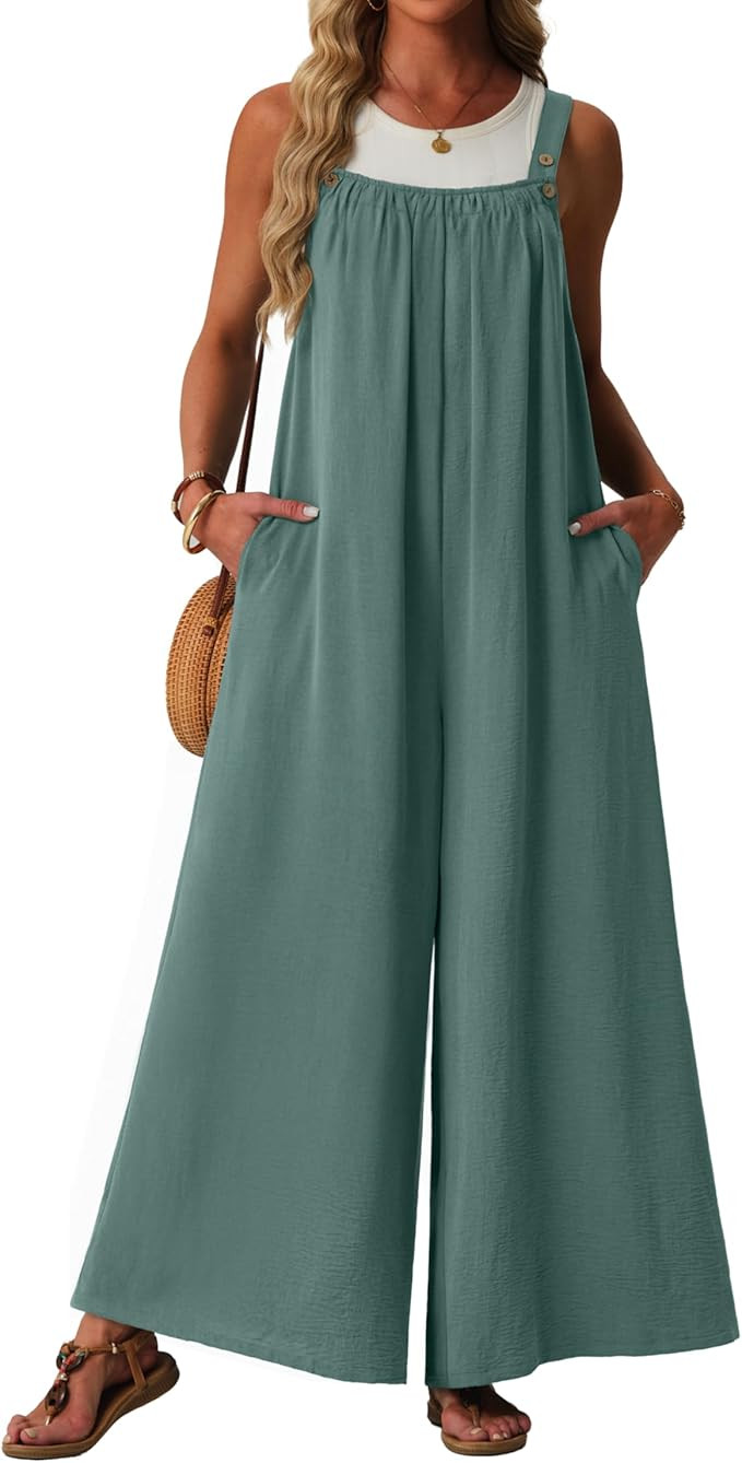 Womens Casual Jumpsuits Summer Boho Wide Leg Rompers Sleeveless Overalls Pleated Jumpers with Poc... | Amazon (US)