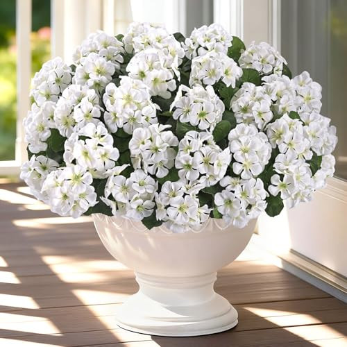 8 Bundles Artificial Flowers for Outdoors, Realistic Geraniums Fake Flowers for Decorations, UV Resistant Silk Faux Flowers Plants for Outside Garden Porch Planter Yard Patio Home Decor(White) | Amazon (US)