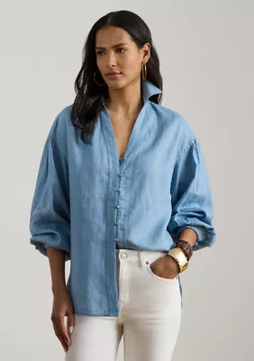 Lauren Ralph Lauren Women's Linen Blouson-Sleeve Shirt, Blue, Large | Belk