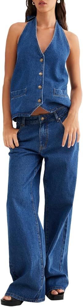 Fisoew Women's Two Piece Denim Set Button Down Backless Tank Top and Wide Leg Jeans 2 Piece Outfi... | Amazon (US)