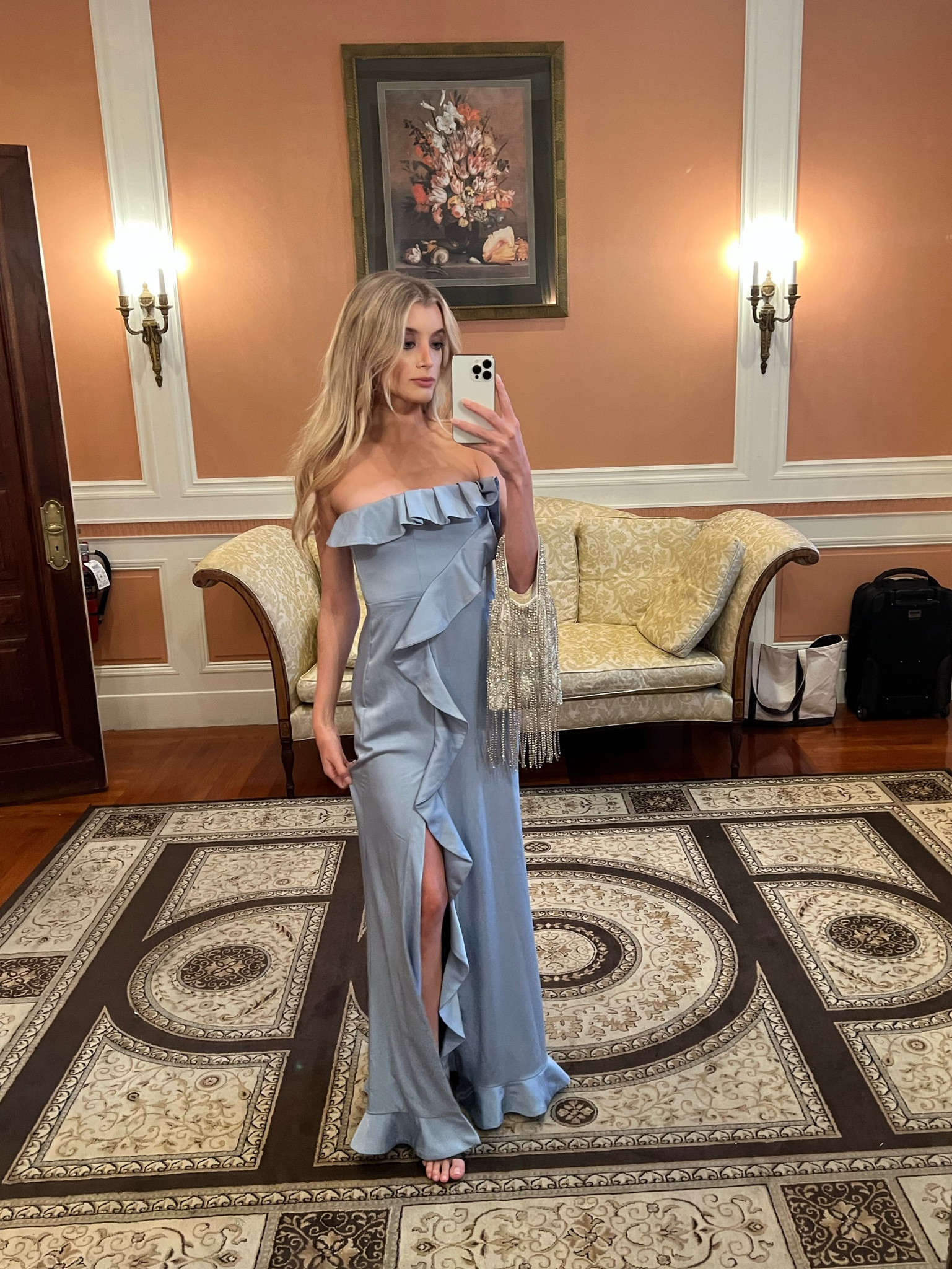 Black tie wedding guest / blue dress / ice blue dress / ruffle dress / bridesmaids dress / silver bag / black tie purse / black tie accessories / crystal bag / black heels / black strappy heels 

#LTKwedding #LTKitbag #LTKstyletip