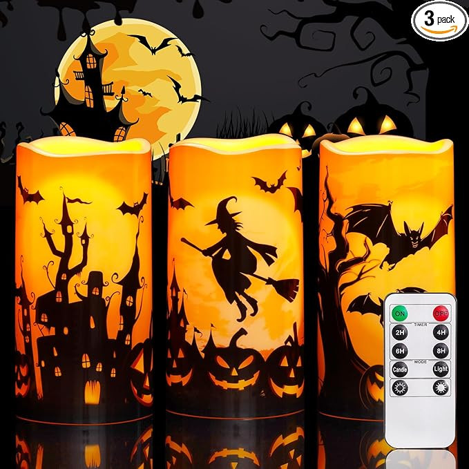 Homemory Halloween Waterproof Flameless LED Pillar Candle with Timer Remote | Amazon (US)