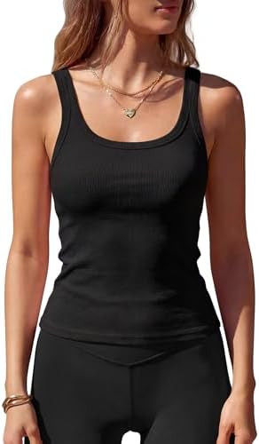 Women Sleeveless Tank Tops with Built in Bra Square Neck Cotton Ribbed Basic Cami Summer Workout ... | Amazon (US)