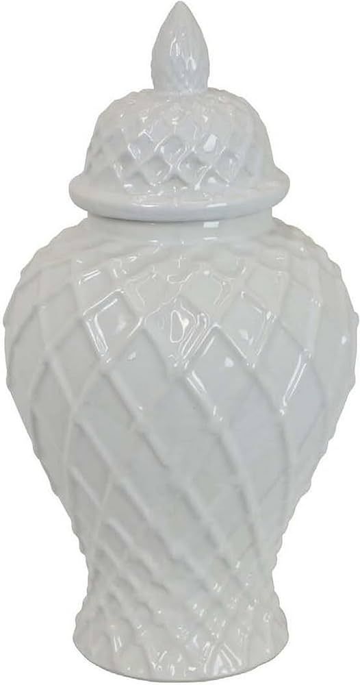 Benjara Livie 14 Inch Temple Ginger Jar, Geometric Design, Dome Lid, Ceramic, White | Amazon (US)