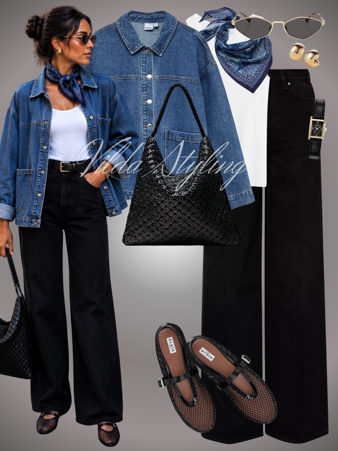 Denim days, but make it chic 💙🖤 An oversized denim jacket, crisp white tank, black wide-leg jeans, and mesh Mary Janes create the perfect cool-girl everyday look. Finished with a bandana, woven bag, and gold accessories for that effortless polished touch ✨

#LTKStyleTip #LTKSeasonal #DenimStyle #FallOutfit #CasualChic #EverydayStyle #StreetStyle #CapsuleWardrobe