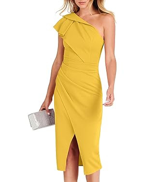 ANRABESS Women's One Shoulder Cocktail Midi Dress Sleeveless Elegant Ruffle Wrap Ruched Bodycon F... | Amazon (US)