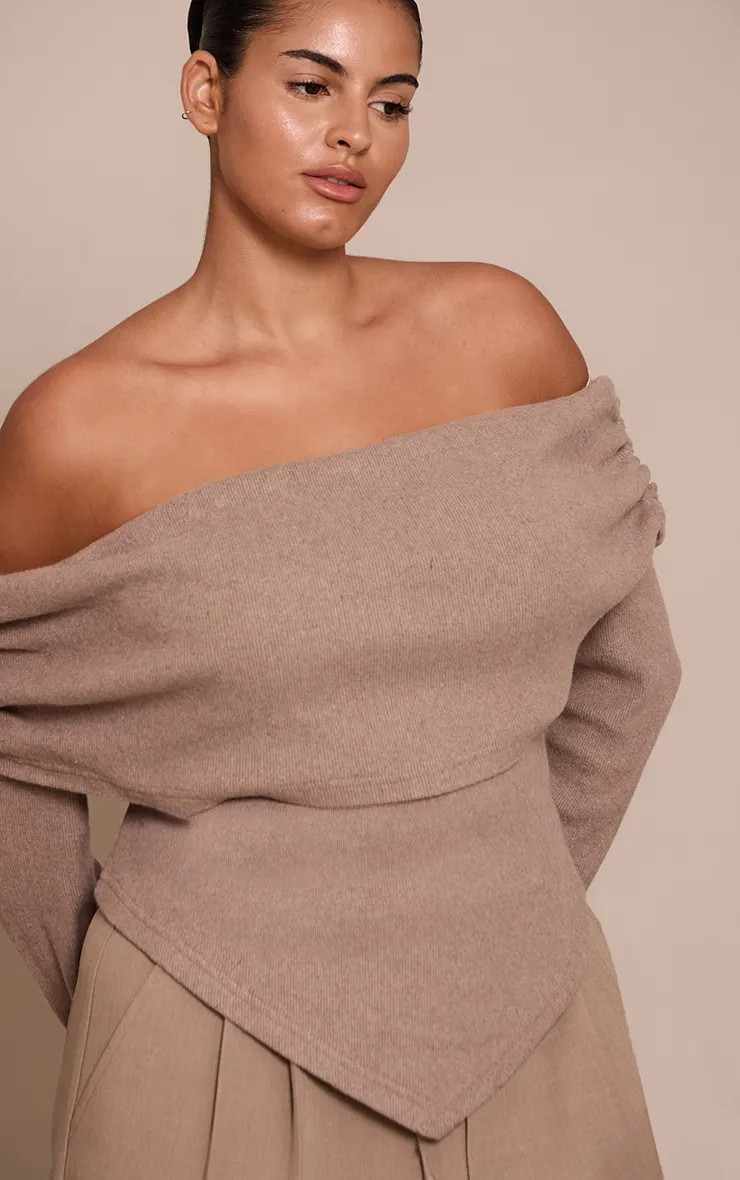 Plus Oatmeal Soft Touch Rib Off The Shoulder Long Sleeve Top | PrettyLittleThing US