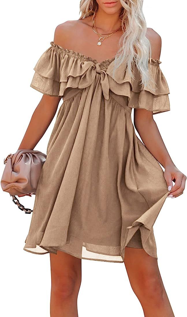 Womens Sexy Off Shoulder Dresses Casual Loose Party Beach Cocktail Double Ruffle Layer Chiffon Dress | Amazon (US)