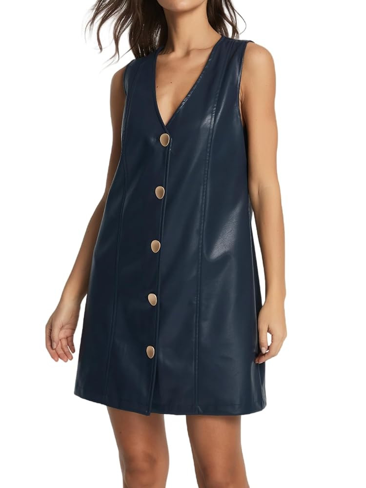 Women Faux Leather Mini Dress Sleeveless V Neck Button Down Pinafore Dress | Amazon (US)