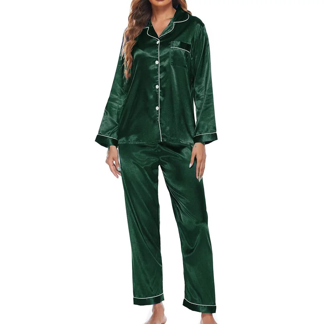 Asotony Sleepwear Womens Silky Satin Pajamas Set Long Sleeve Nightwear Loungewear,  Green, M | Walmart (US)