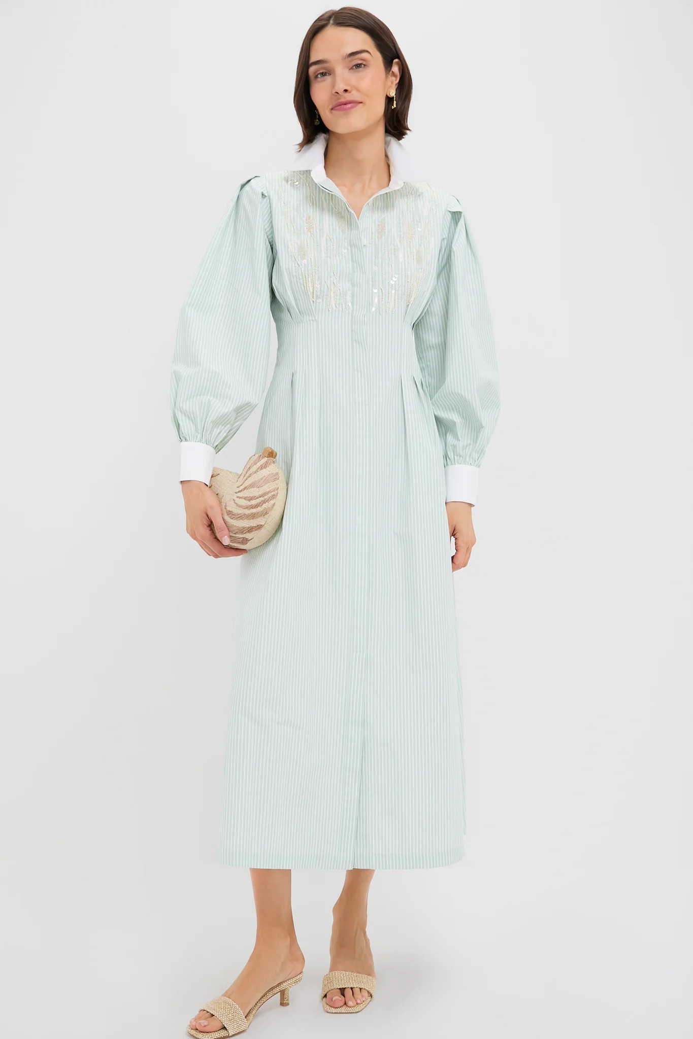 Green and White Embellished Stripe Corinne Dress | Tuckernuck (US)