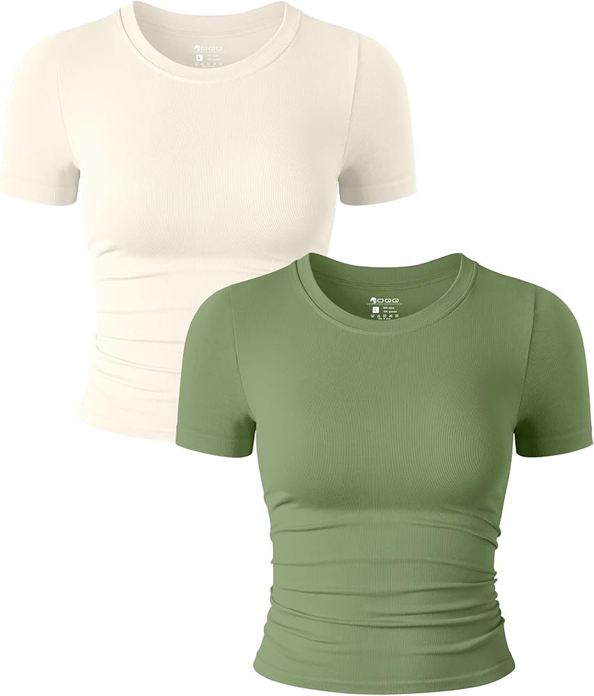 OQQ Womens 2 Piece Shirts Short Sleeve Crew Neck Ruched Stretch Fitted Tee Shirts Crop Tops | Amazon (US)