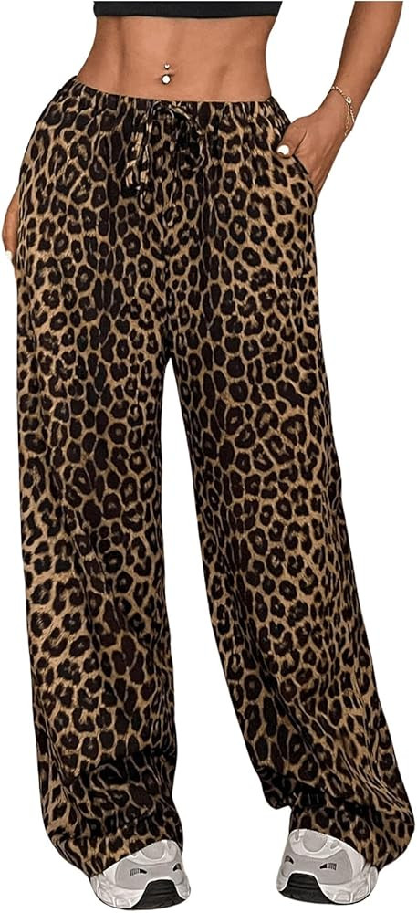 Floerns Women's Drawstring Waist Leopard Print Trousers Tie Front Wide Leg Pants | Amazon (US)