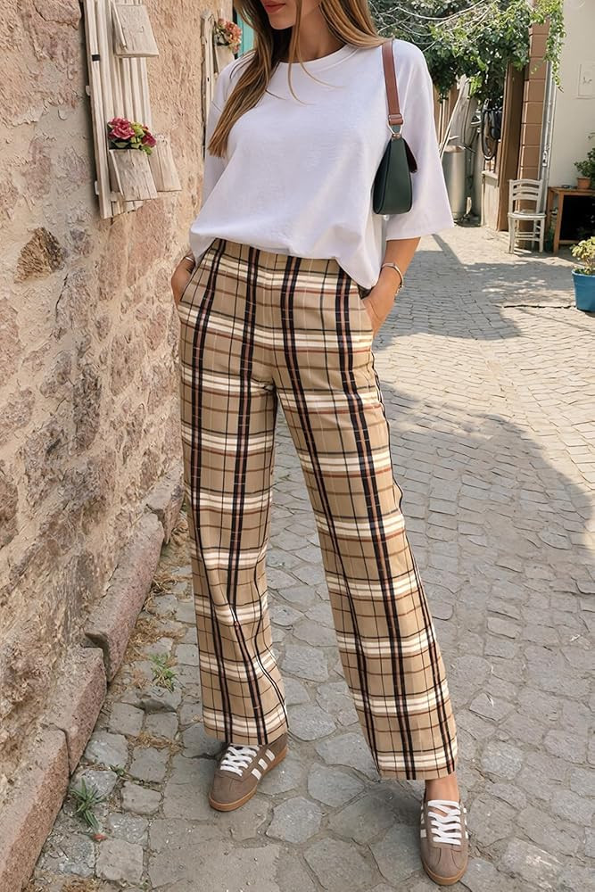 Cicy Bell Womens Wide Leg Palazzo Pants Casual Baggy Elastic Plaid Pants High Wiasted Y2K Trouser... | Amazon (US)