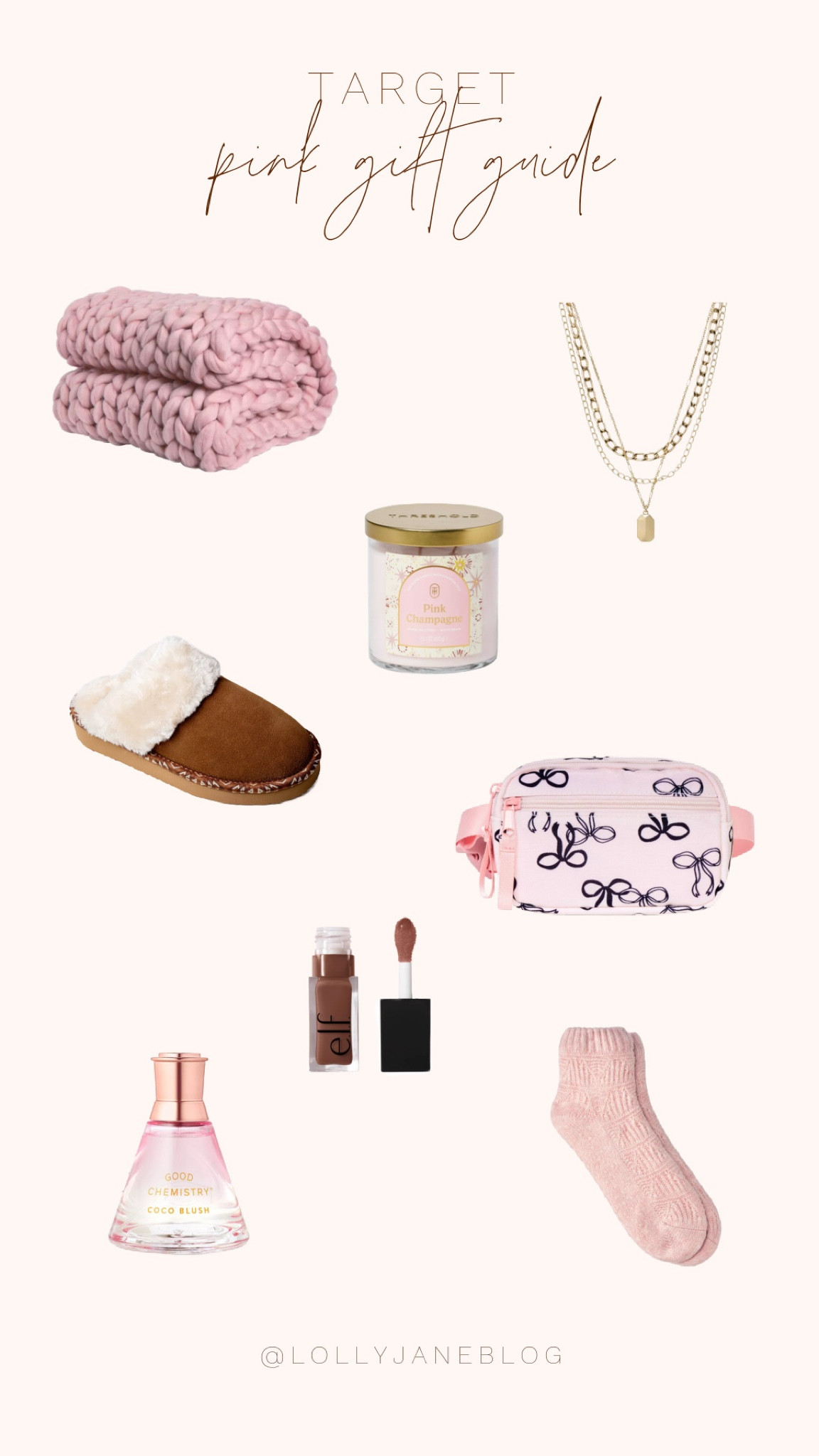 Target pink gift guide for the girlies! 💕

Looking for the perfect stocking stuffers? Target has you covered with these cozy, cute, and toughtful gift ideas! From a super-soft knit blanket to fuzzy socks and the sweetest pink candle, these goodies will bring all the holiday vibes! 

Add a little sparkle with a gold layered necklace, keep their toes toasty with fur-lined slippers, and make their outfit pop with a chic pink bow patterned crossbody bag! Top it off with Elf lip oil 💖 and Good Chemistry perfume for the perfect finishing touches.

Shop now and stuff those stockings with a little extra holiday magic! #TargetFinds #StockingStuffers #HolidayGiftGuide #CozyVibes #ShopTarget

#LTKSeasonal #LTKHoliday #LTKGiftGuide