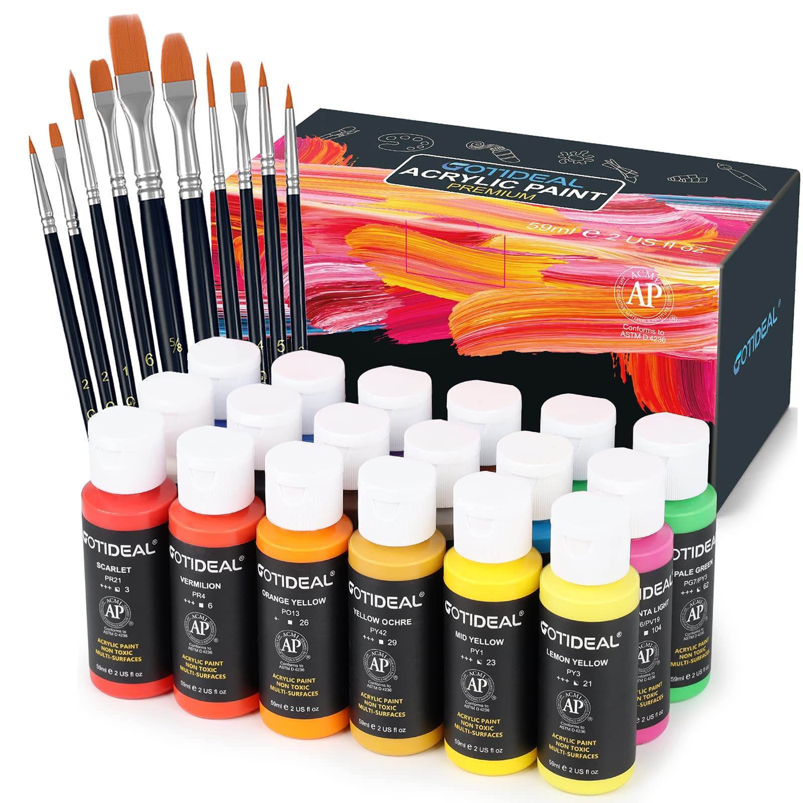 GOTIDEAL Acrylic Paint Set with 10 Brushes, 18 Colors(59ml, 2 oz) Art Craft Paint Non Toxic, Perf... | Amazon (US)