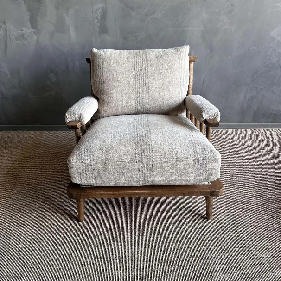 Frances Solid Oak Chair in Stripe Stone Washed Linen - Etsy | Etsy (US)