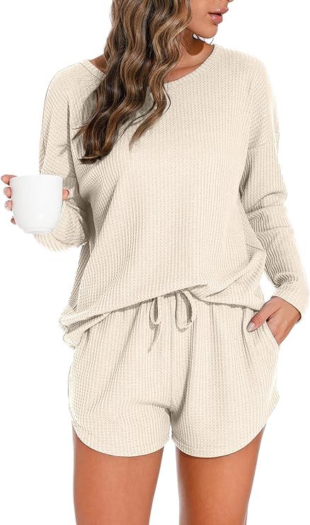 PrinStory Pajamas Set for Women Waffle Knit Lounge Set 2 Piece Outfits Loungewear Sweatsuit with ... | Amazon (US)