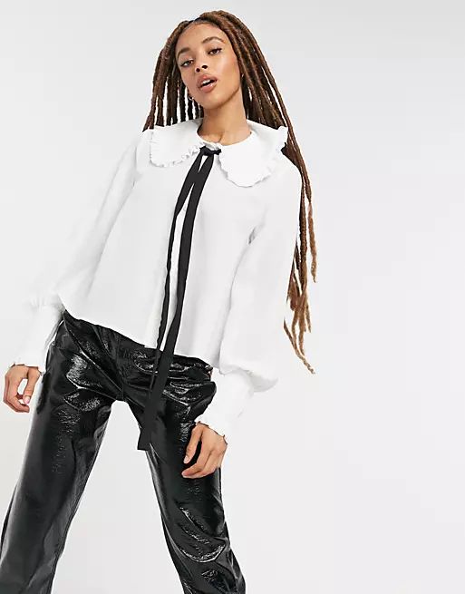 ASOS DESIGN ruffle collar shirt with tie neck in ivory | ASOS (Global)
