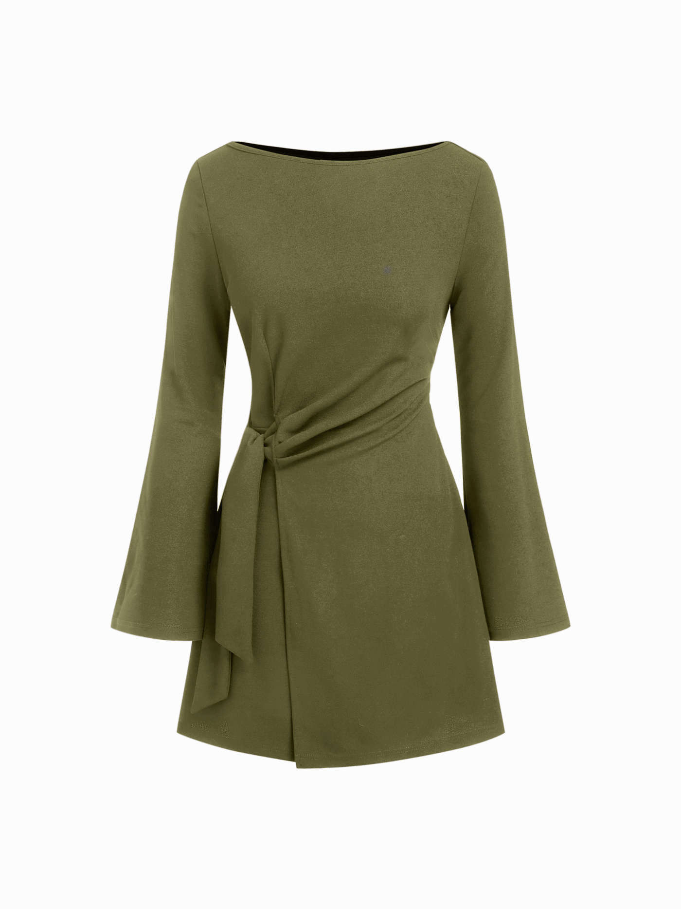 Boat Neck Bell Sleeve Tie Side Ruched Mini Dress | Cider