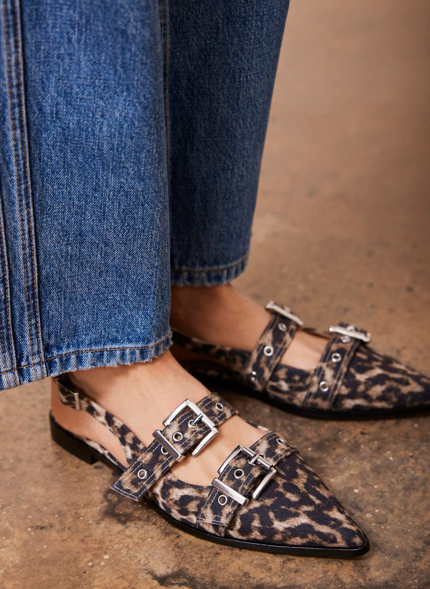 Ella Leopard Print Leather Buckled Flat Shoes | Mint Velvet