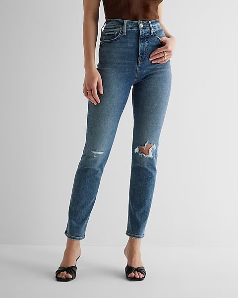 Super High Waisted Dark Wash Ripped 90s Slim Jeans | Express