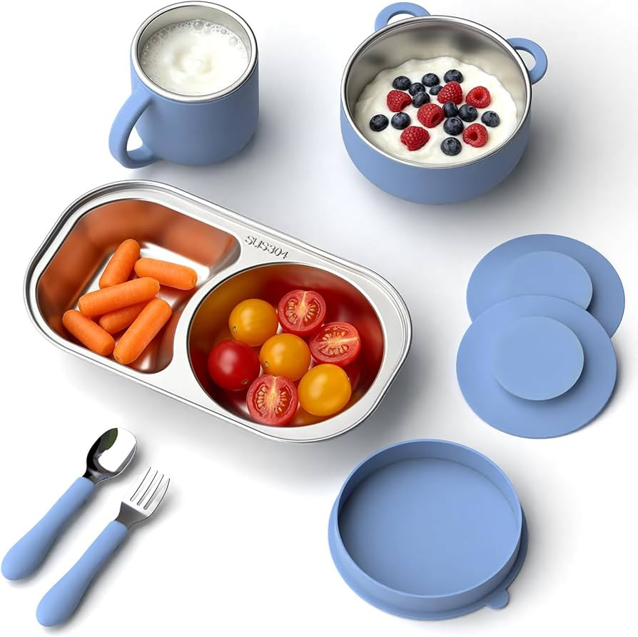 Bakpoco Stainless Steel Baby Plates and Bowls Set with Detachable Suction Base, Kids Feeding Set-... | Amazon (US)